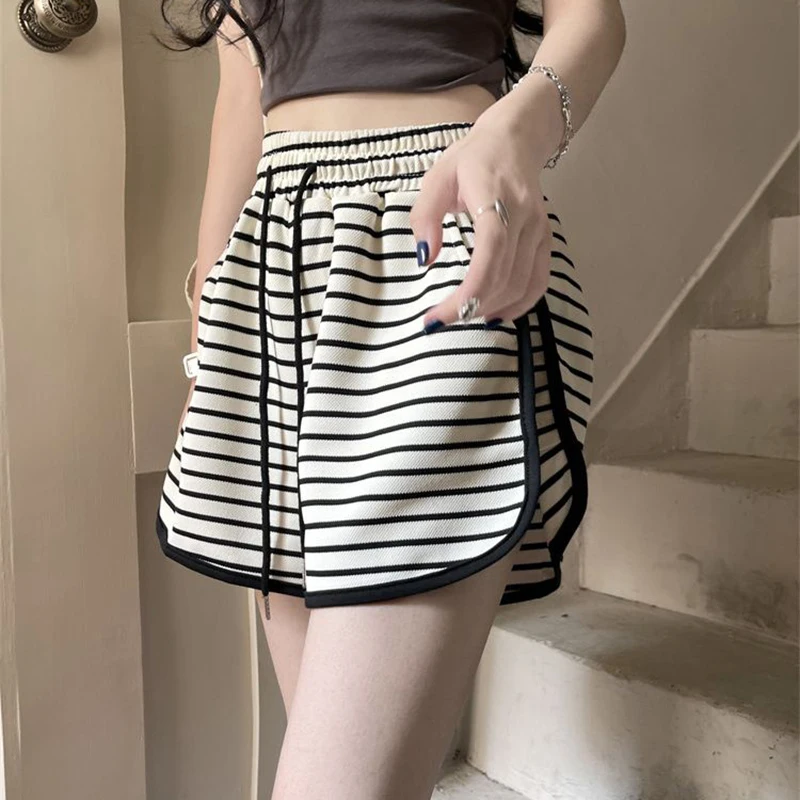 Gidyq Black Striped Sports Shorts Women Summer Loose Casual Lace Up Wide Leg Shorts Ladies Korean Fashion High Waist Mini Shorts