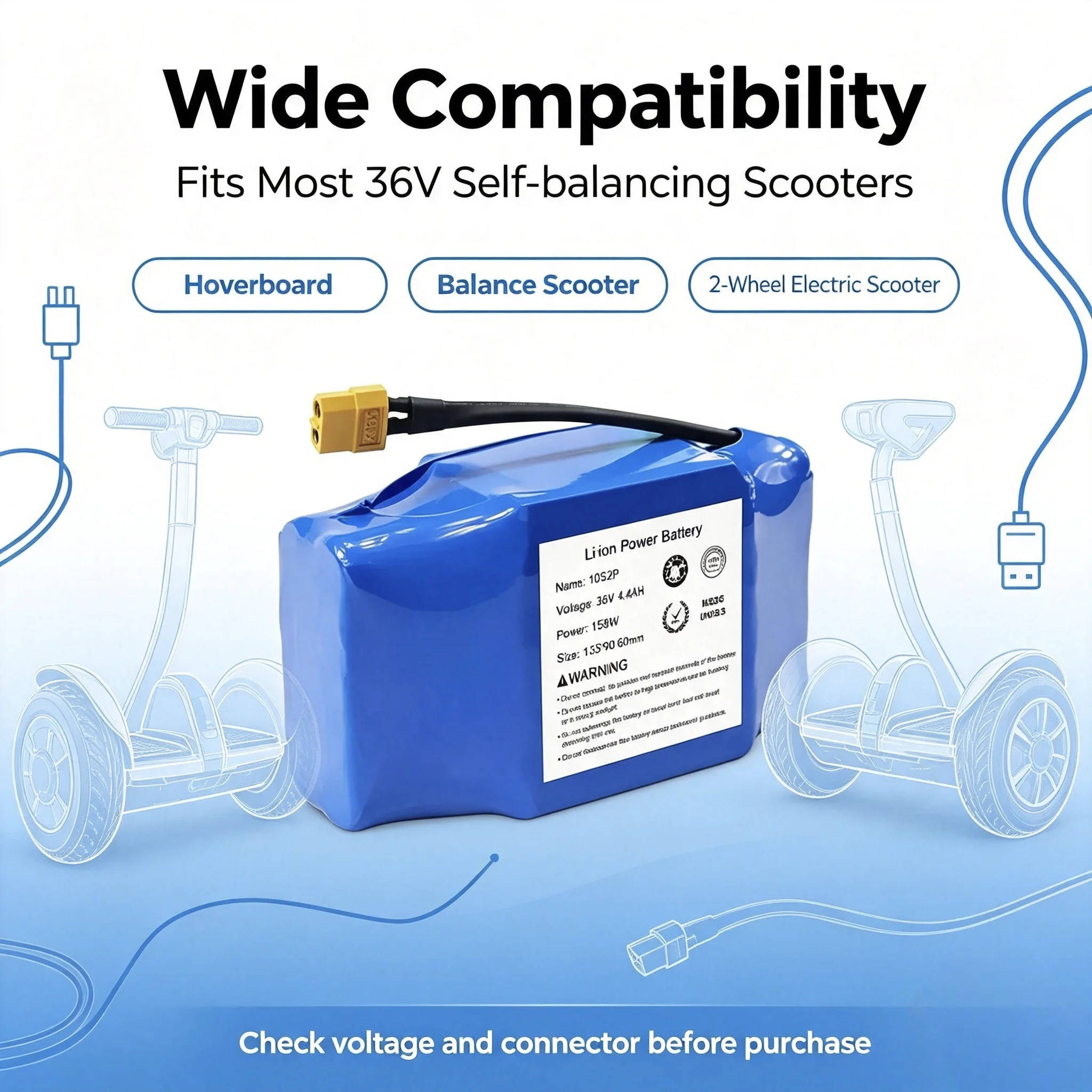 36V 4.4Ah 10S2P 18650 Rechargeable Lithium‑Ion Battery XT60 Plug For Electric Hoverboard Self‑Balancing Scooter Replacement Pack