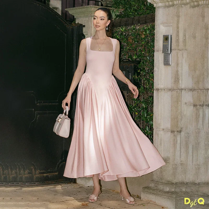Różowa elegancka sukienka z kwadratowym dekoltem i długim paskiem dla kobiet Elegancka sukienka bez rękawów z wysokim stanem Lady Holiday Dailywear