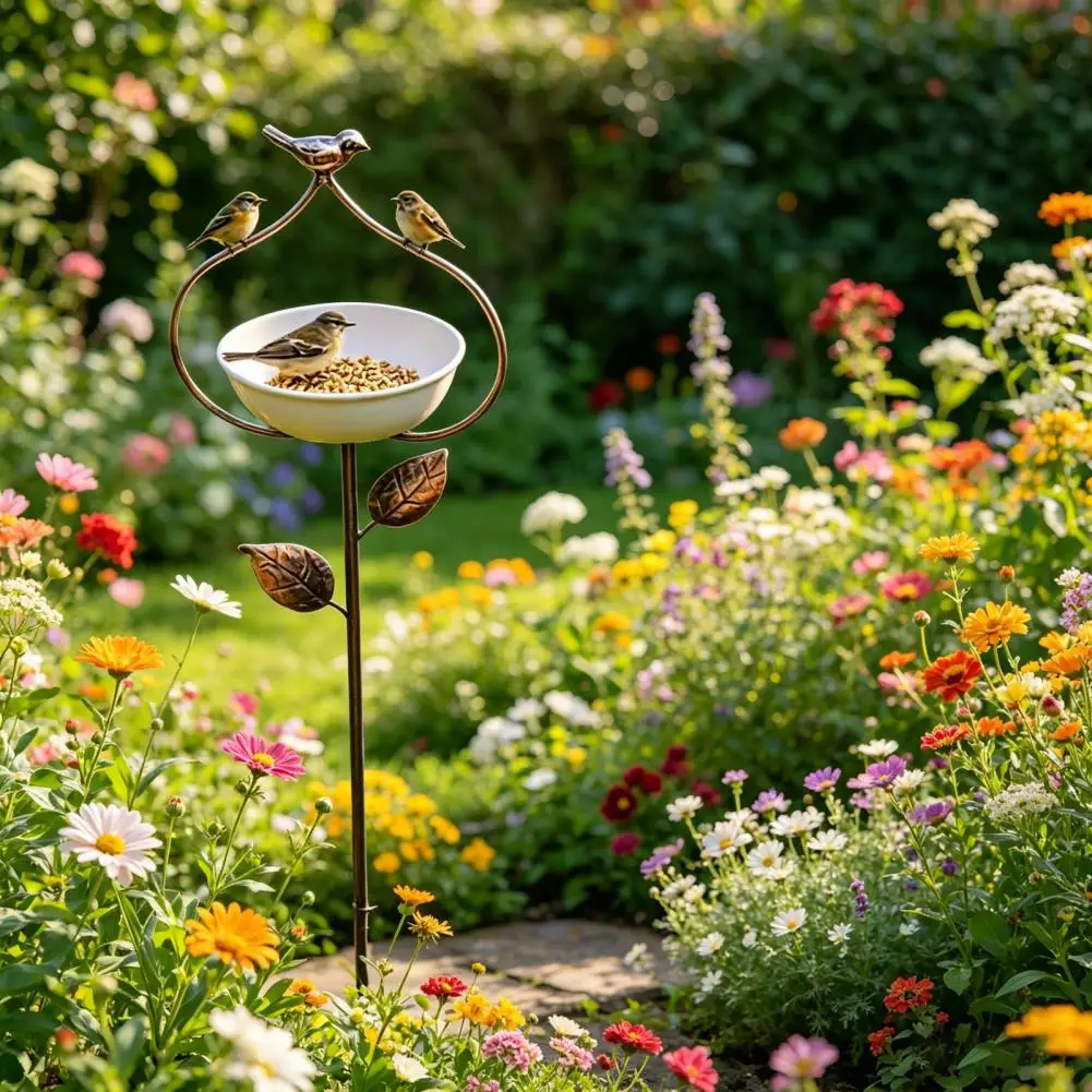 Patio Bird Feeder Bird Feeder Garden Stake with Iron Bracket Bowl Rust-resistant Food Water Holder Decorative Outdoor Yard Art
