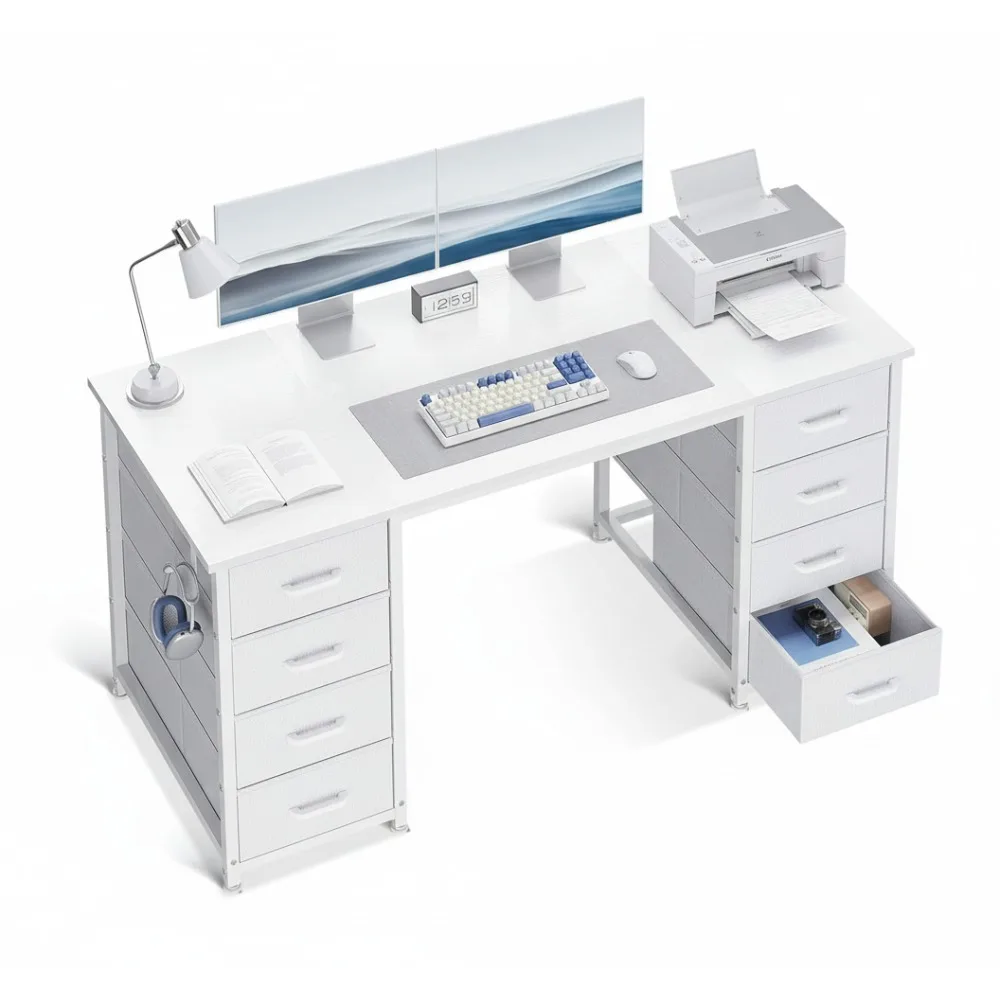 

48-дюймовый белый компьютерный стол с 8 тканевыми ящиками, современный офисный стол для домашнего офиса, учебы, игр