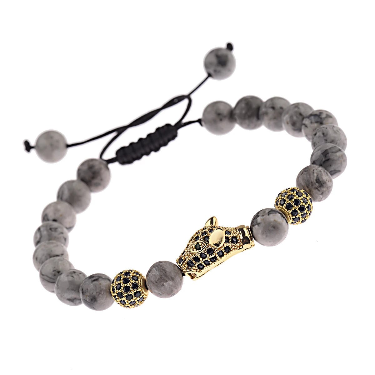 Luxury Grey Stone Beads Men's Bracelet CZ Crystal Leopard Head Ball Charms Women Bracelets Jewelry Valentine's Day Gift