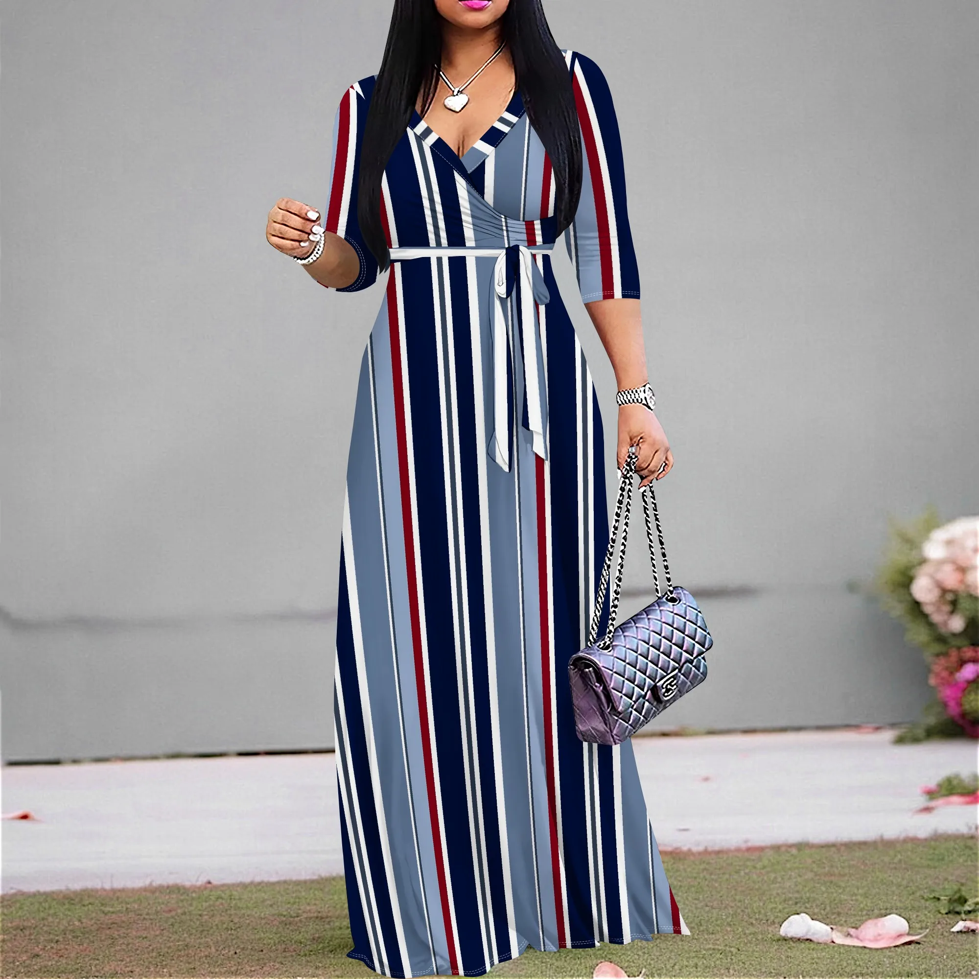 

Navy Red Stripe Maxi Dress S‑3XL V‑Neck Wrap Style with Belt & 3/4 Sleeves for Office, Travel or Elegant Brunch Look