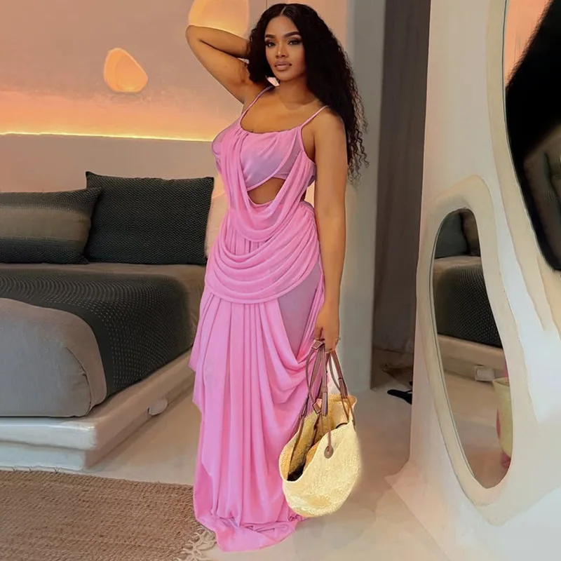 

Vacation Beach Drape Ruched 2 Piece Set Women Sexy See Through Mesh Camisole Crop Tops + Maxi Skirts Night Clubwear Party Suits