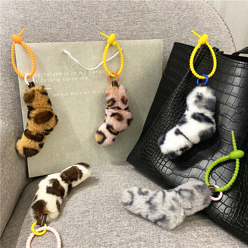 1PC Cute Leopard Print Twist Knot Rubber Rope Bag Pendan Fashion Creative Backbag Pendant Accessories Car Key Ring Plush Charms