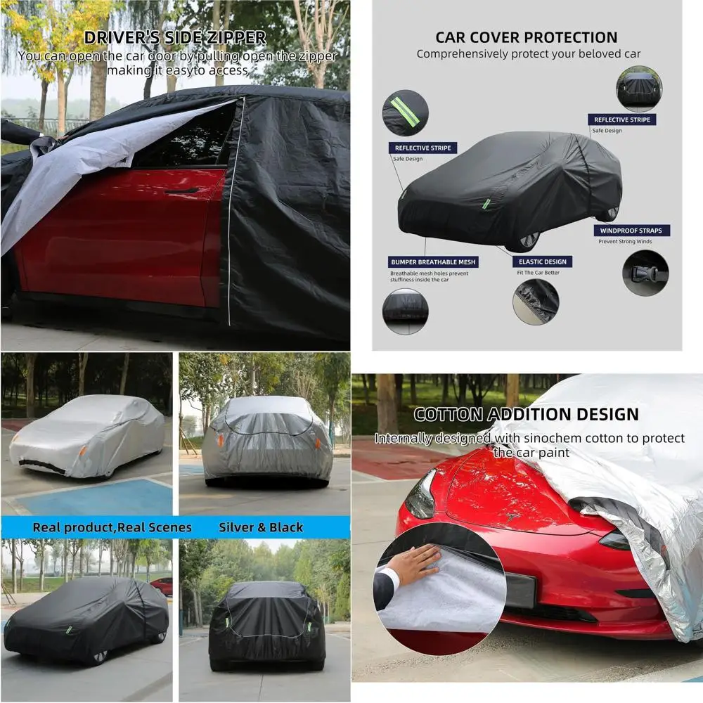 

Автомобильный чехол Tesla Model 3 2017-2025–210T Прочный полиэстер с флисовой подкладкой, водонепроницаемый/ветрозащитный/снежный/УФ-защита 4-в-1