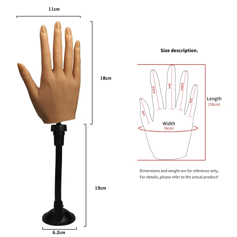 Silicone Practice Hand for Acrylic Nails Flexible Soft Fake Trainning Hand Model with Adjustable Stand