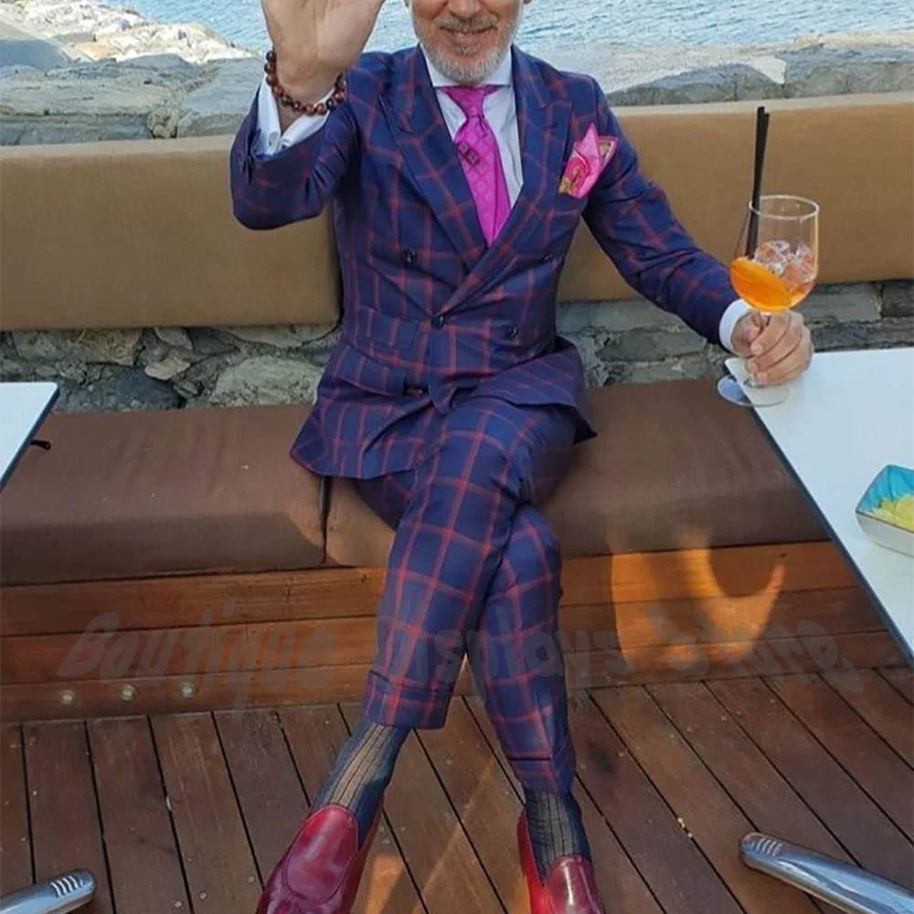 

Men's Suit Two Pieces Luxury Groom Wedding Tuxedos Custom Made Peak Lapel Plaid Jacket Pants Elegant Luxury Male Outfit Set