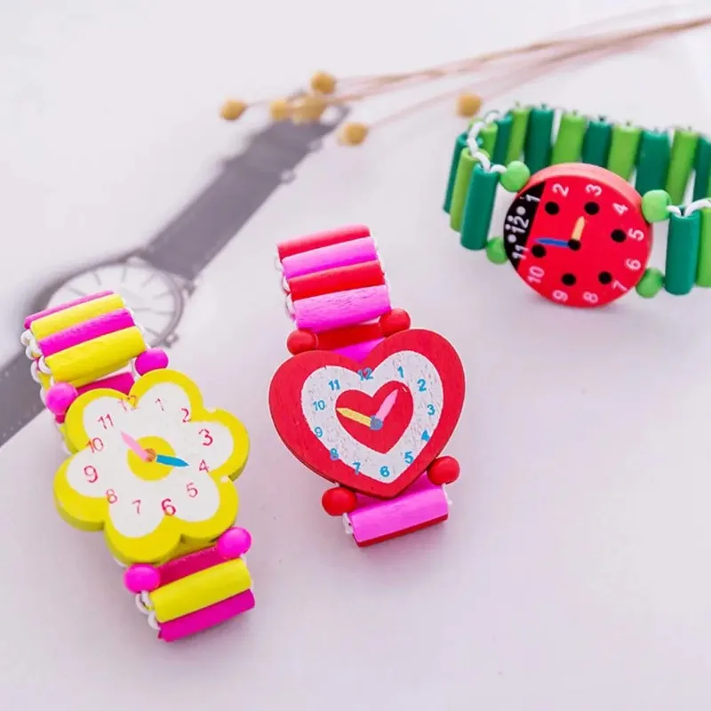 1PC Kids Bracelet Wooden Elastic Band Watch Cute Toys Baby Shower Girl Boy Souvenir Christmas Gifts Time Learning Education Toys