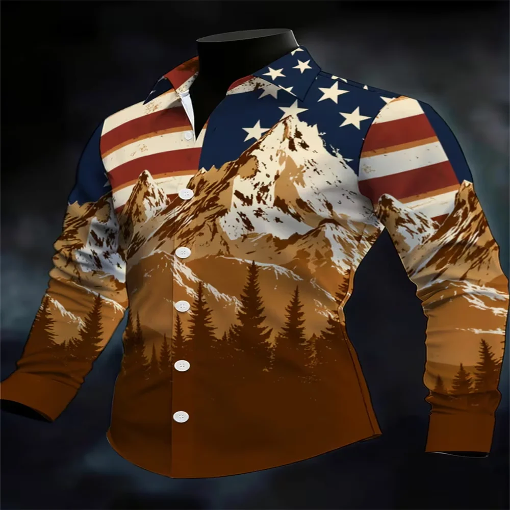3D printed United States Star Flag Striped Long Sleeve Men's Shirt Mens Casual Fashion Autumn Top Loose Men's Vintage Shirt