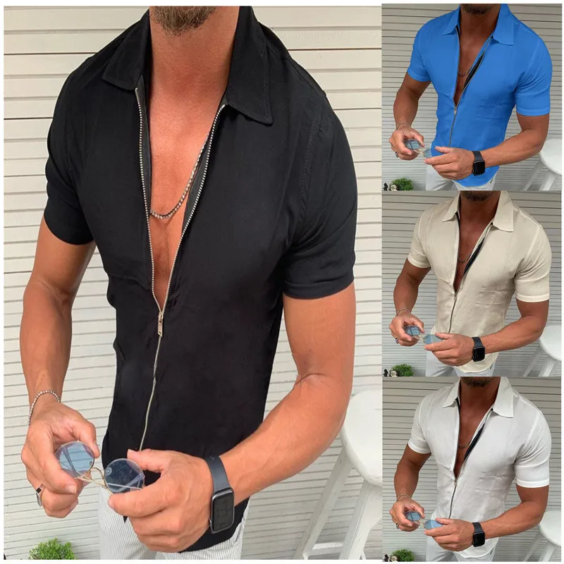 Männer Licht Business Büro Casual Zipper Kurzarm Hemd Slim Fit Einfarbig Revers Strickjacke Mode Tops – Detail 1