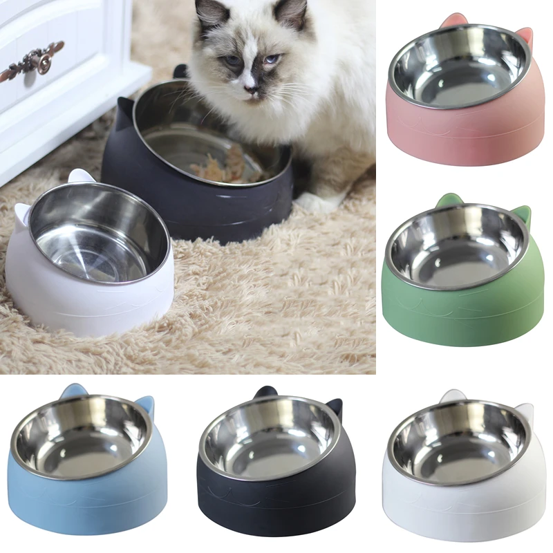 Stainless Steel Cat Bowl Non Slip Puppy Base Cat Food Drinking Water Feeder Tilt Neck Protection Dish Pet Bowl 200/400ML