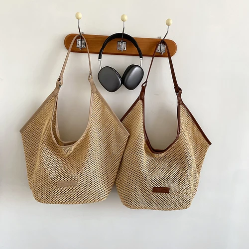 Imagen 2 del producto Juego de 2 bolsos de hombro de paja para mujer, bolso de viaje de verano 2025, bolso de diseñador para las axilas, bolso de playa de gran capacidad, bolso de marca