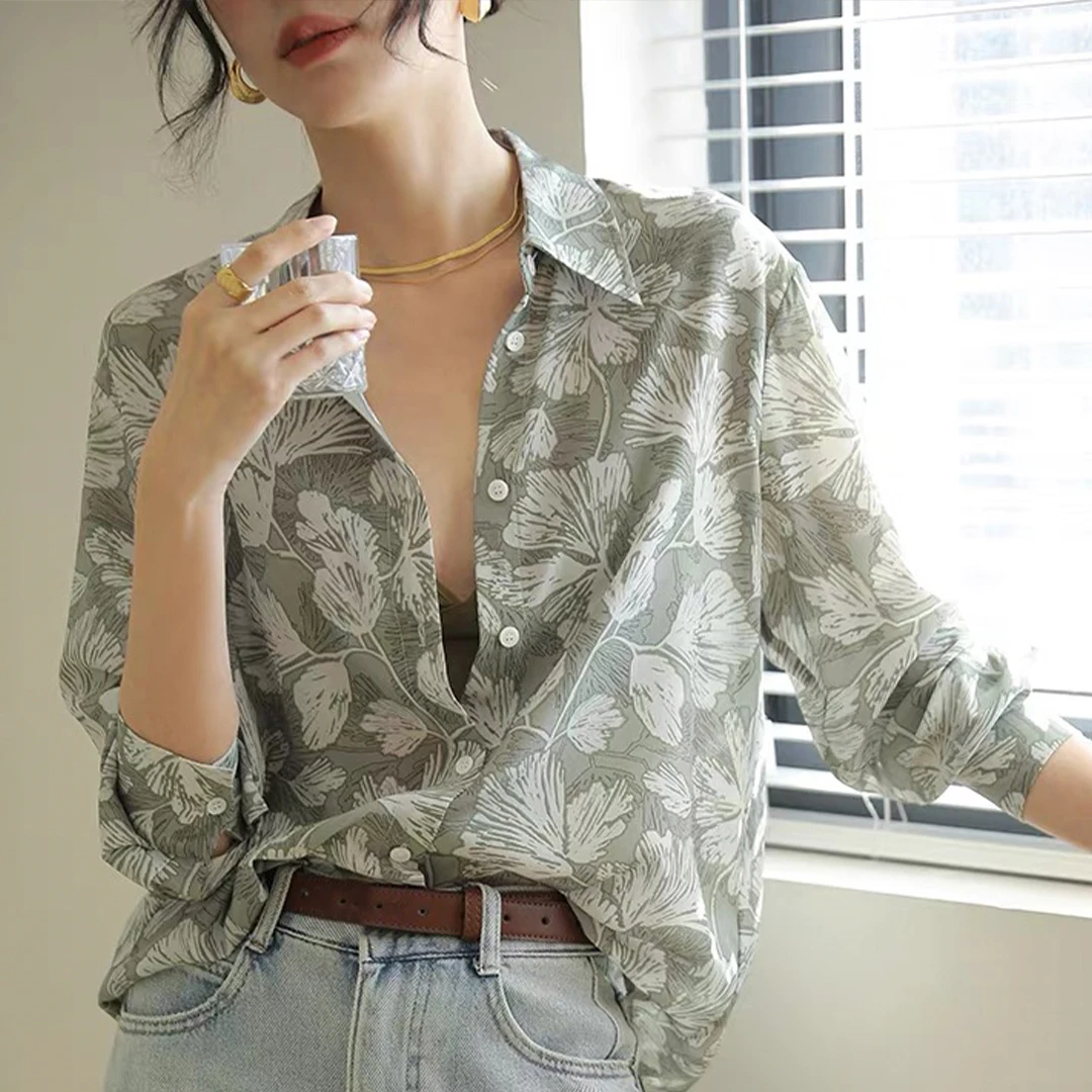 NIGO Women's Spring, Summer And Autumn Solid Color Lapel Long Sleeve Silk Pattern Printed Casual Shirt Ngvp #nigo8286