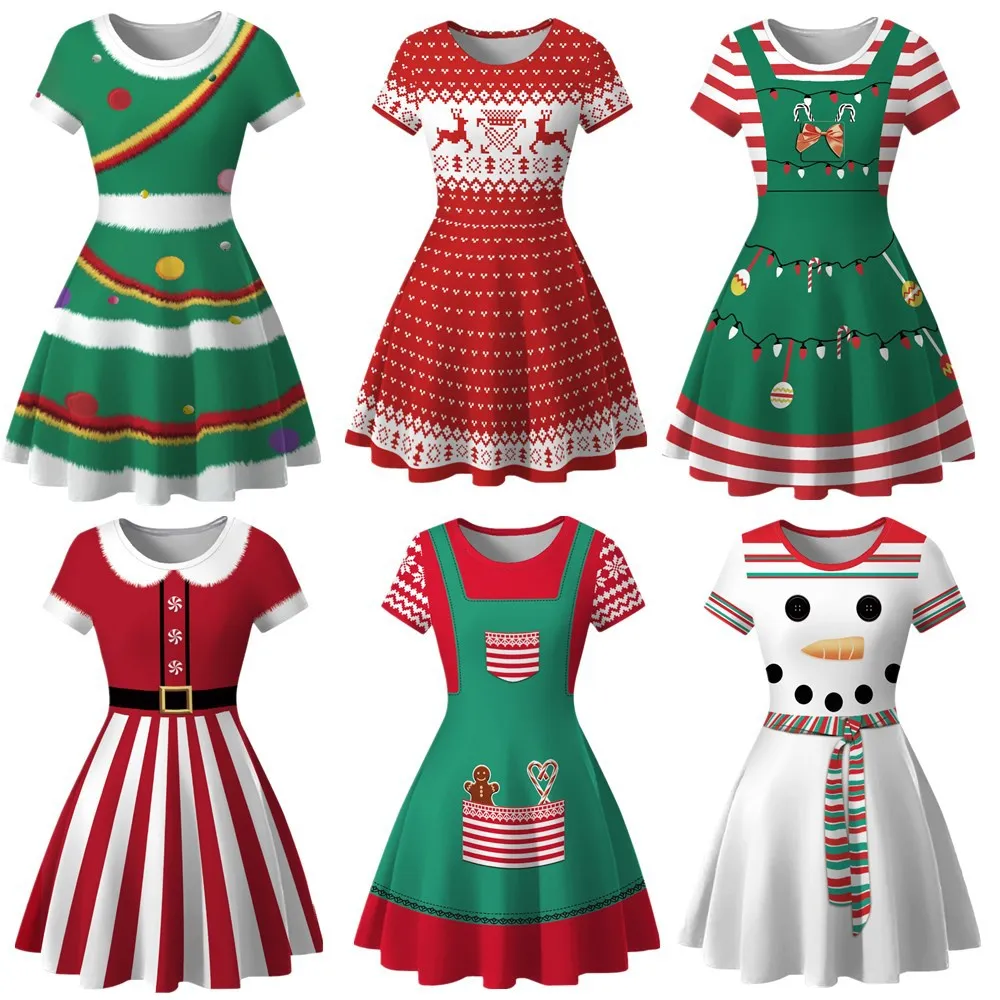 New Christmas Style Women's Fashionable and Sexy Printed Long Skirt, Casual Short Sleeved Round Neck Dress