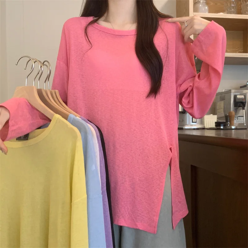 Korean version Thin Semi Transparent O-Neck Women sun protection T-shirt pinkycolor Lower fork Long sleeved tops Youth Elegant