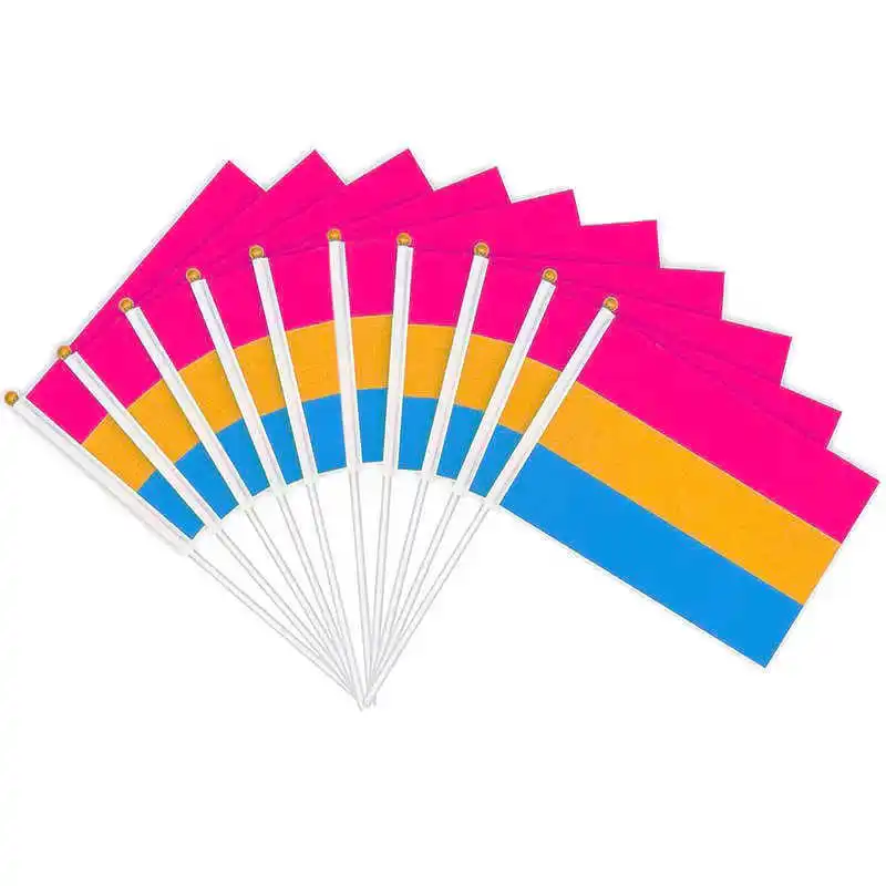 10 Pack Pansexual Flag Pansexuality Omnisexuality 14x21cm Polyester Printed Mini Stick Flagpoles Hand Held Pans Pride Flags