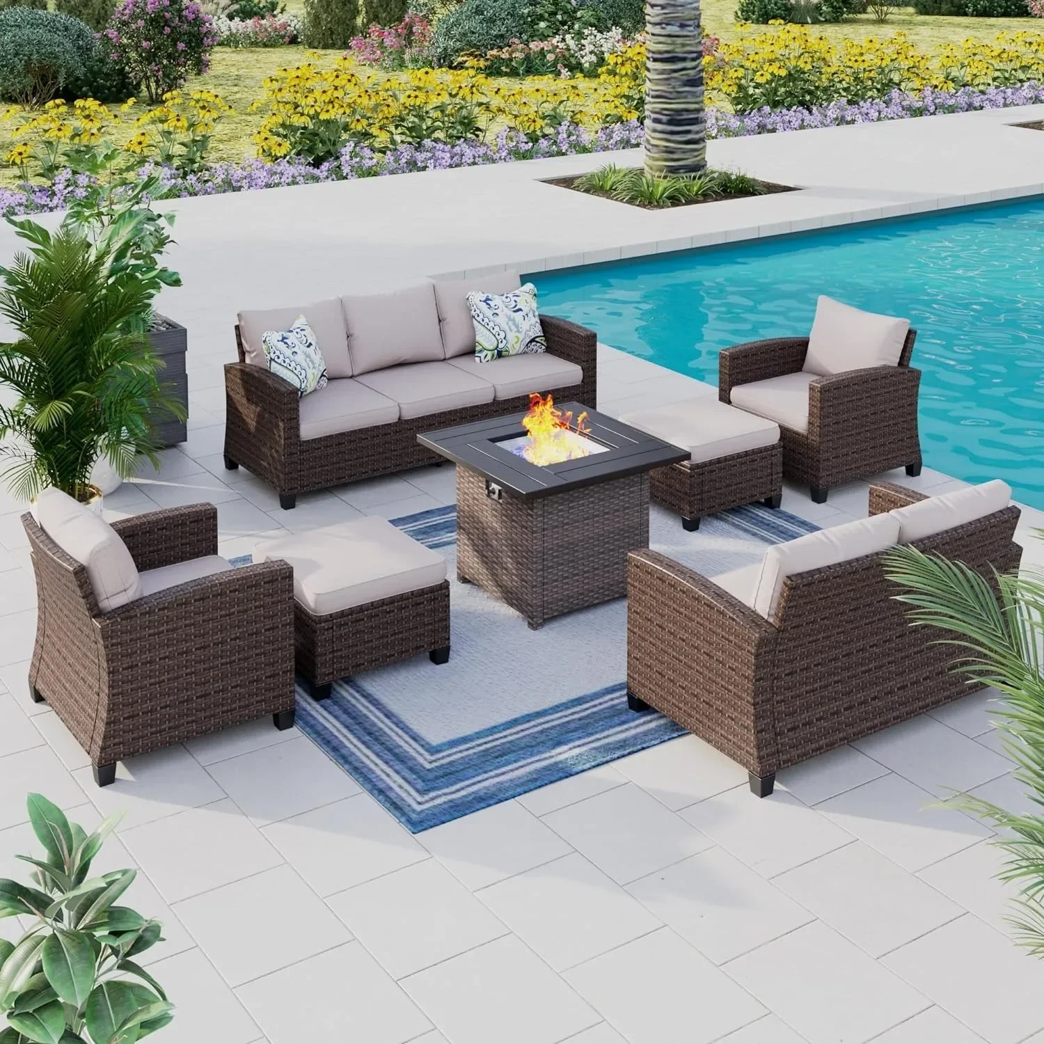 Patio Furniture Set with Fire Pit Table,  for Garden, Poolside, Backyard，Outdoor furniture，Wicker Sofa，Garden Furniture Sets