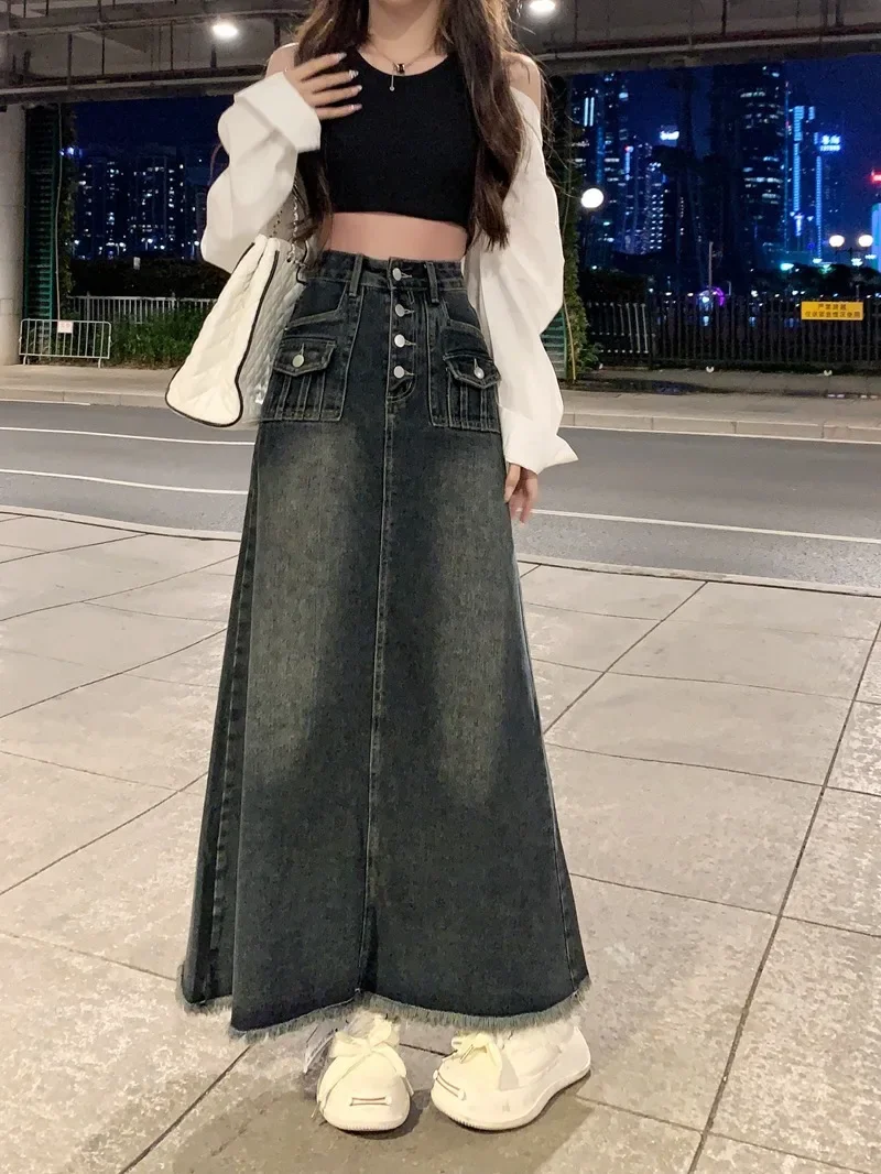 

High-waisted Fringed Design Denim Half Body Skirt Women's Autumn and Winter New Retro Design,Niche A-line Long Skirts for Spring