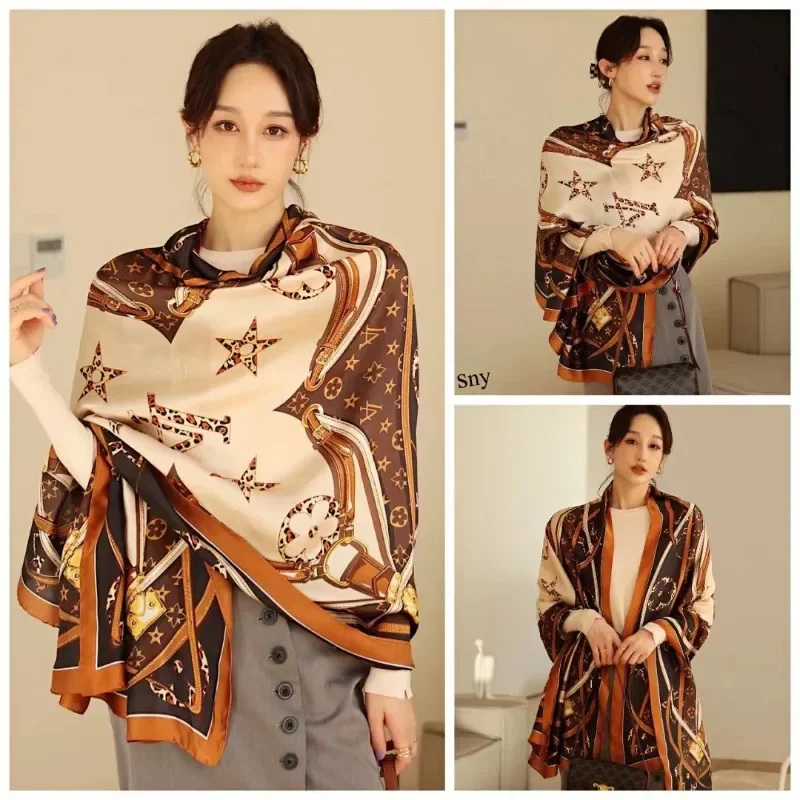 

2024 New Summer Scarf Women's Brocade Printed Extended Shawl with Decorative Scarf Sunscreen Beach Scarf