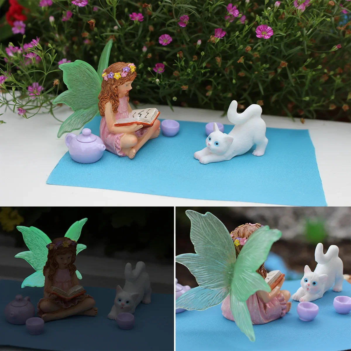 

Leisure Flower Fairy Cat Ornament Tea Cup Set Micro Landscape Resin Night Glow Fairy Garden Decoration