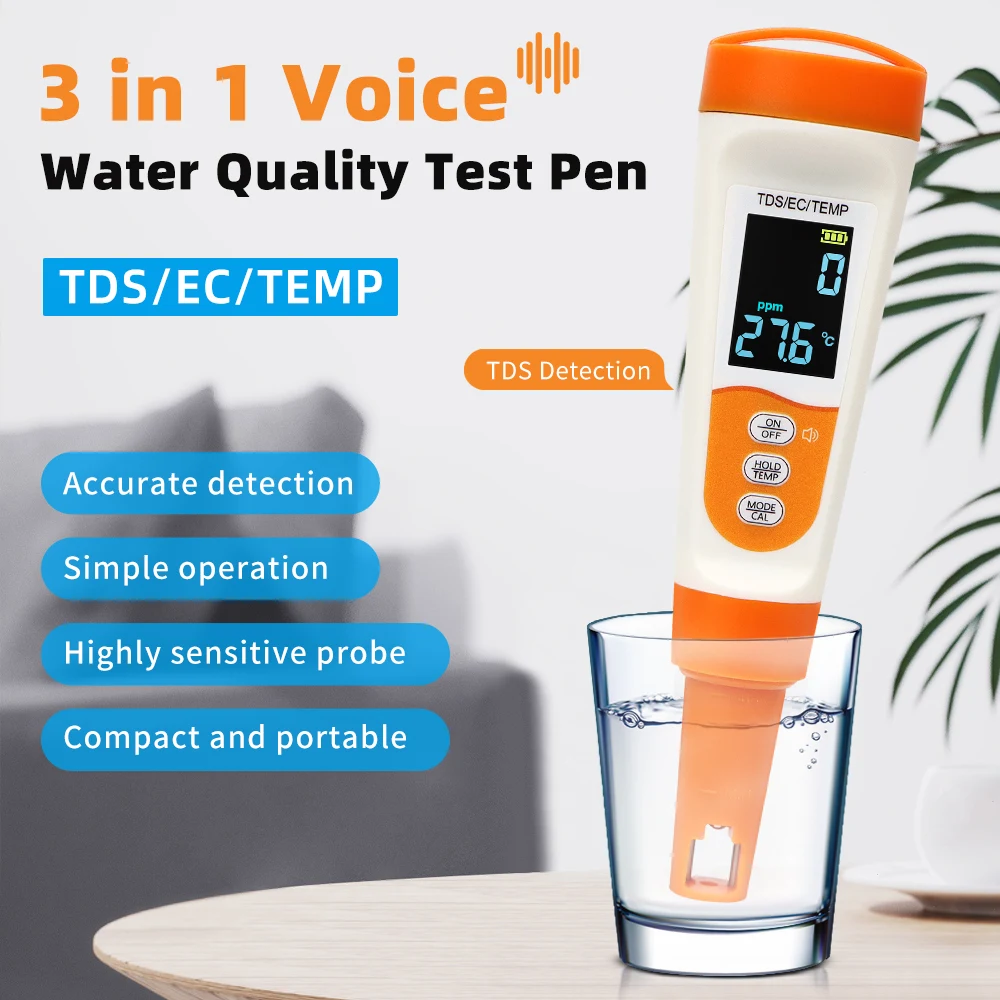 

EC TDS Temp Meter Digital Water Quality Tester Drinking Water Purity PPM Aquarium Filter EC TDS Detector With Voice Broadcast