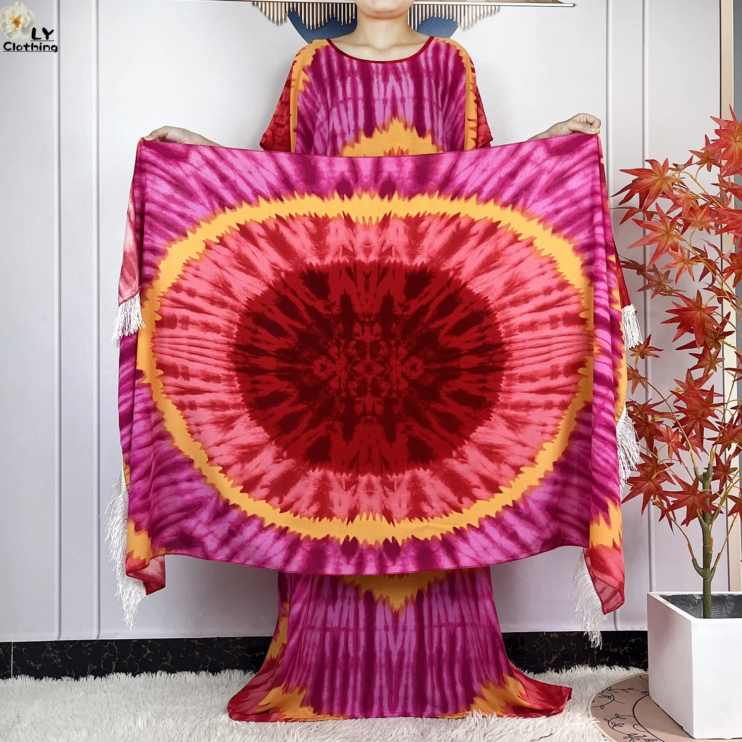 2024 Summer Party Dubai Short Sleeve Women Dresses With Big Scarf African Dashiki Cotton Tie-dyed Islam Maxi Casual Loose Abaya