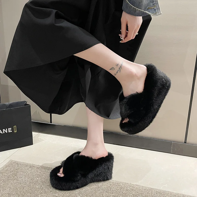 Woman Winter Shoes Chunky Wedges Slippers Shoes for Winter 2024 New Female Warm Fur Slippers On High Heel