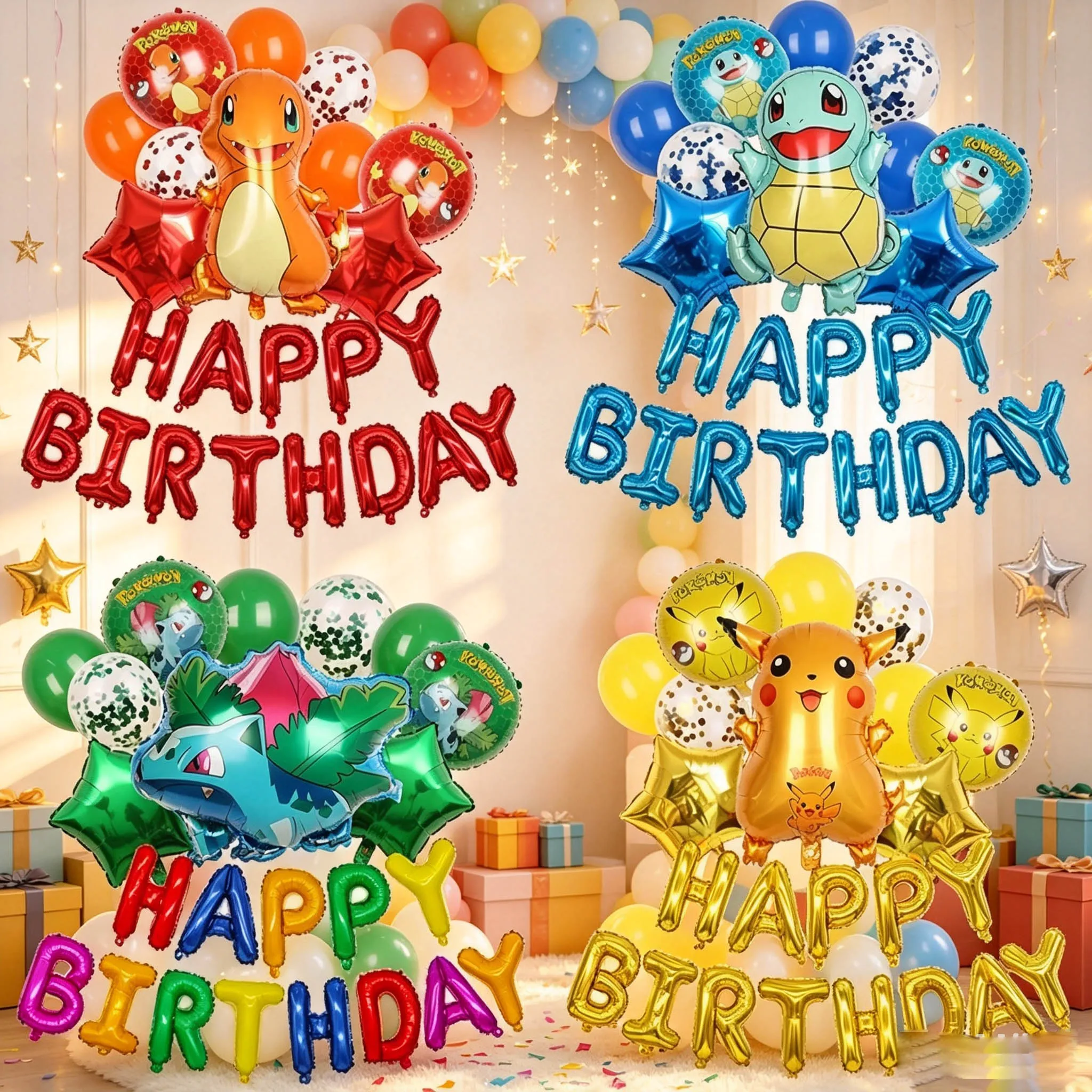 Set de 22 Globos de Pikachu de Pokémon, Pancarta de Feliz Cumpleaños, Globos para Decoración de Fiestas de Cumpleaños