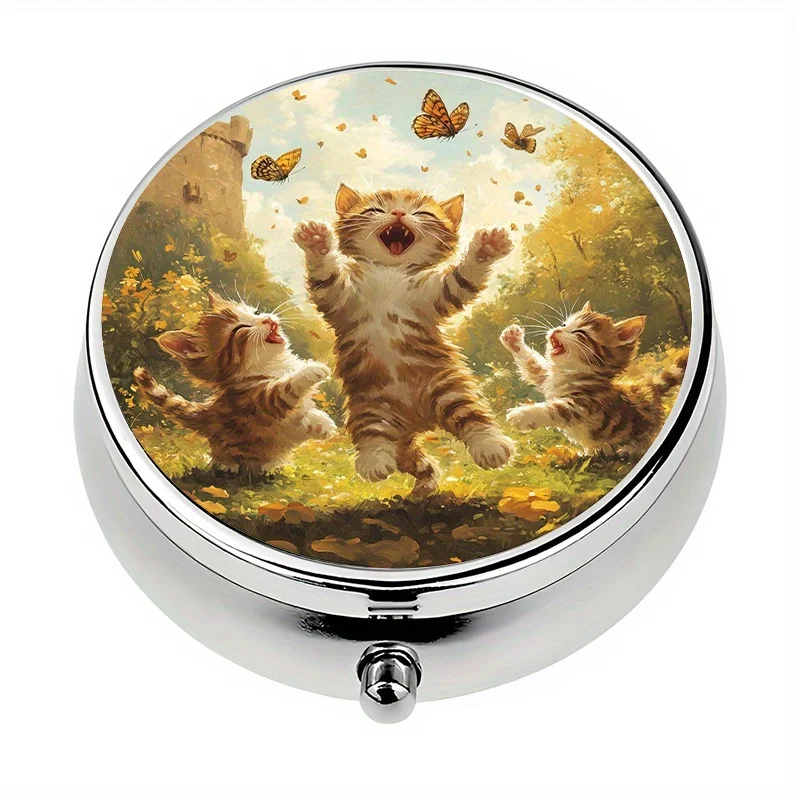 1-Pack Three-Compartment Pill Box, Mini Pill Box with Cute Kitten Playing in the Grass Theme, Pill Storage Box, Suitable for Personal Outdoor Travel and Office Medication Reminders.