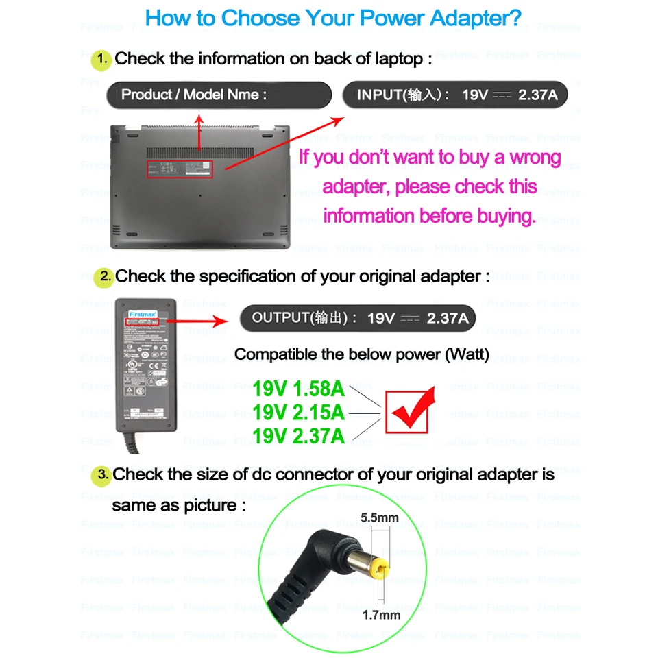 Chargeur Ordinateur Portable 19V 2.37A 45W Acer Aspire 5 - Adaptateur Compatible A515-55 A515-56 Et Modèles - Prise 3.0x1.1mm
