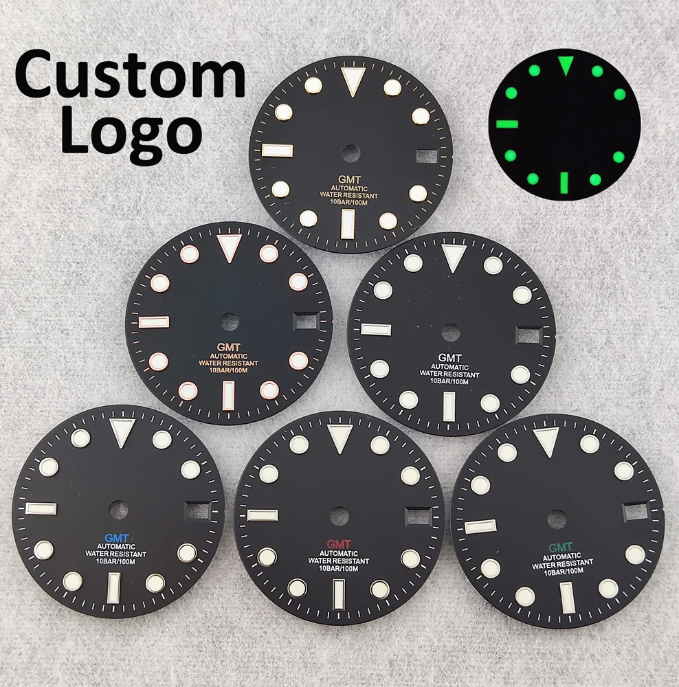 Циферблат 28,5 мм, циферблат GMT, циферблат NH35, циферблат NH34, светящийся циферблат, индивидуальный логотип, подходит для NH34/NH35/NH36, запасные части для часов с механизмом