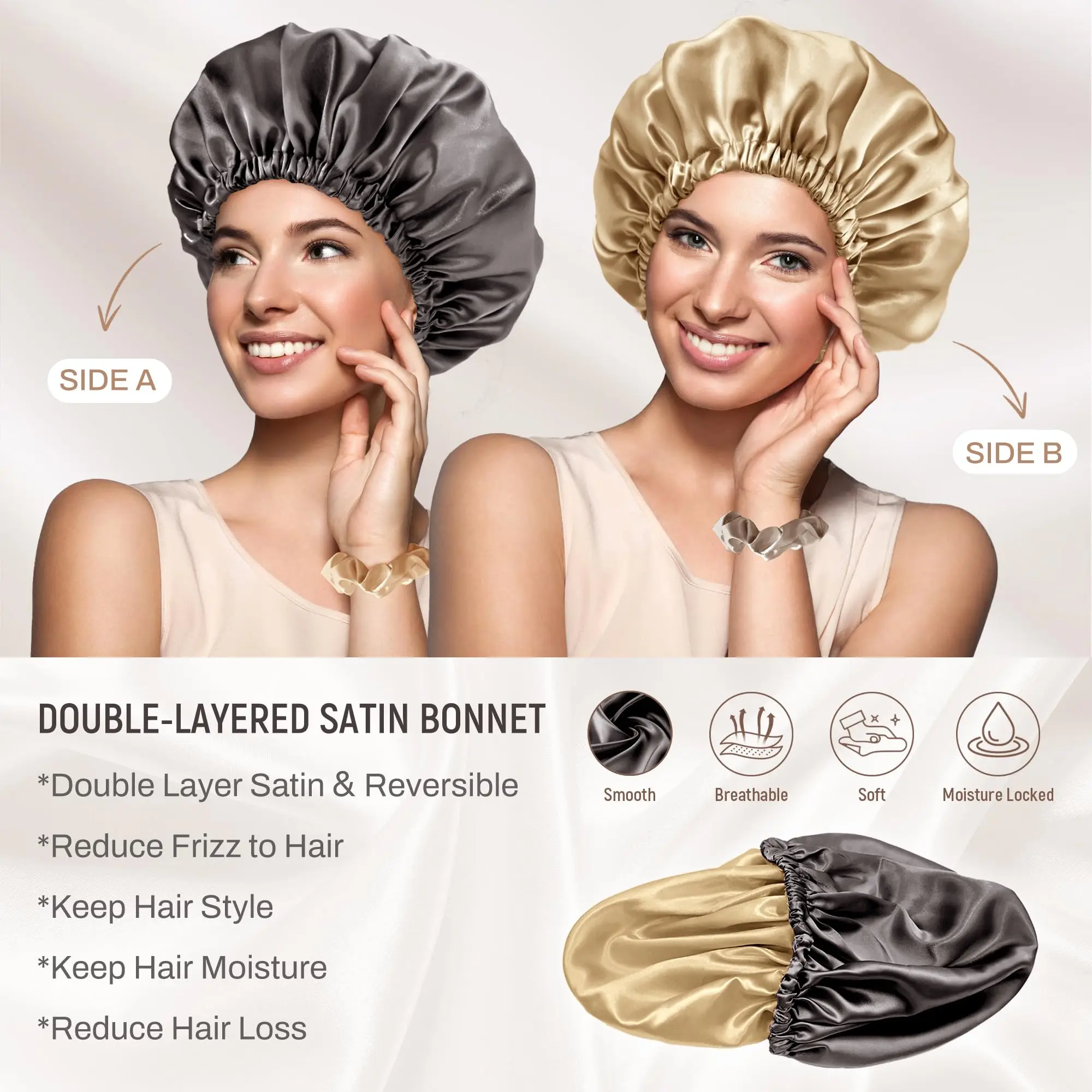 BONNET QUEEN Silk Bonnet for Sleeping Women Satin Double Layer Reversible Hair Curly Night Sleep Cap 4 Items Gift Pack Gold Grey