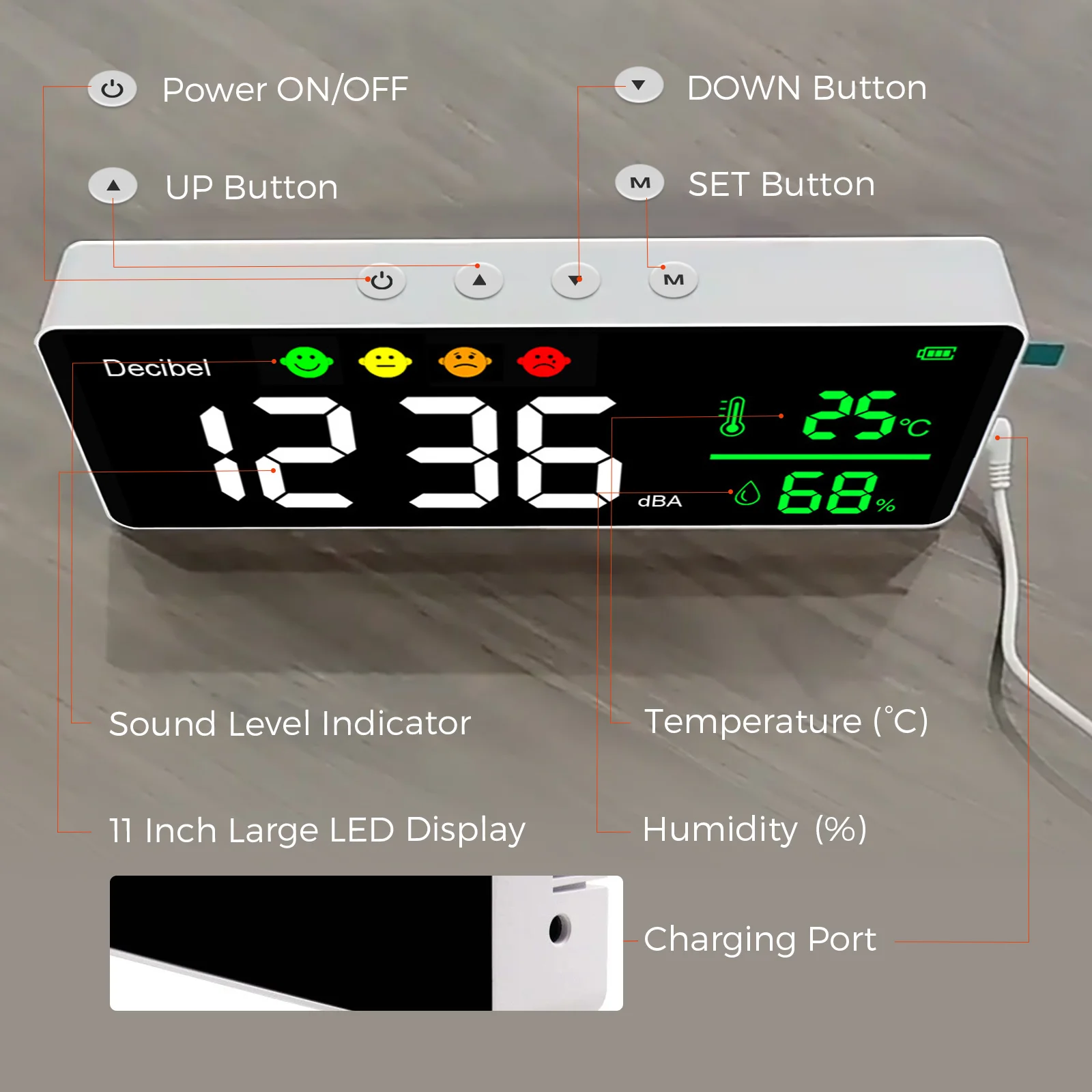 مقياس ديسيبل، شاشة LED كبيرة مقاس 11 بوصة معلقة على الحائط، مع مؤشر أيقونات التنبيه، للفصول الدراسية والاستوديو #2
