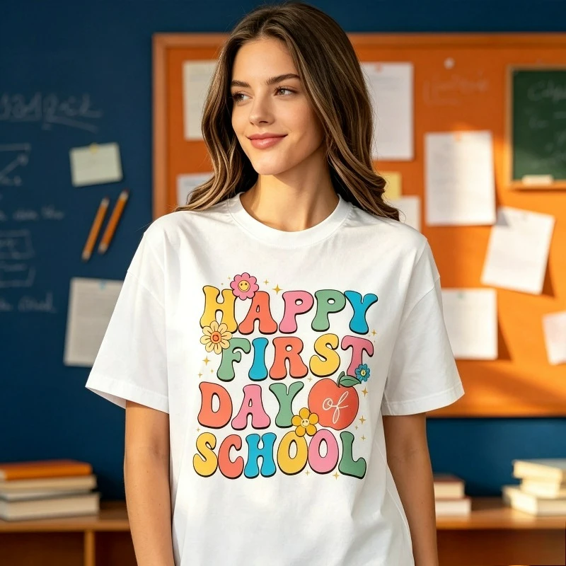 Happy First Day of School T-Shirt, Back to School Graphic Print, 100% Cotton, Teacher Student Gift, First Day Tops For Women