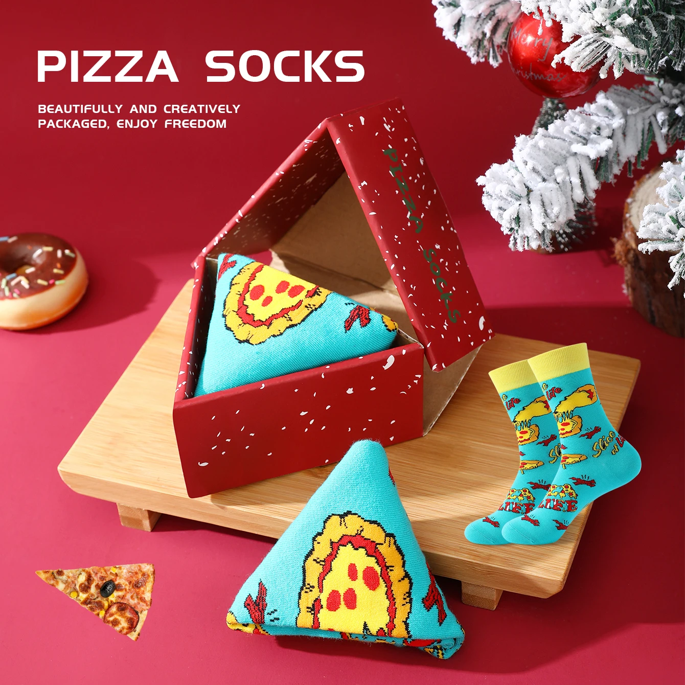 1 paire de chaussettes unisexes à motif pizza, douces et respirantes, mi-mollet, amusantes, à porter au quotidien, cadeau de noël original