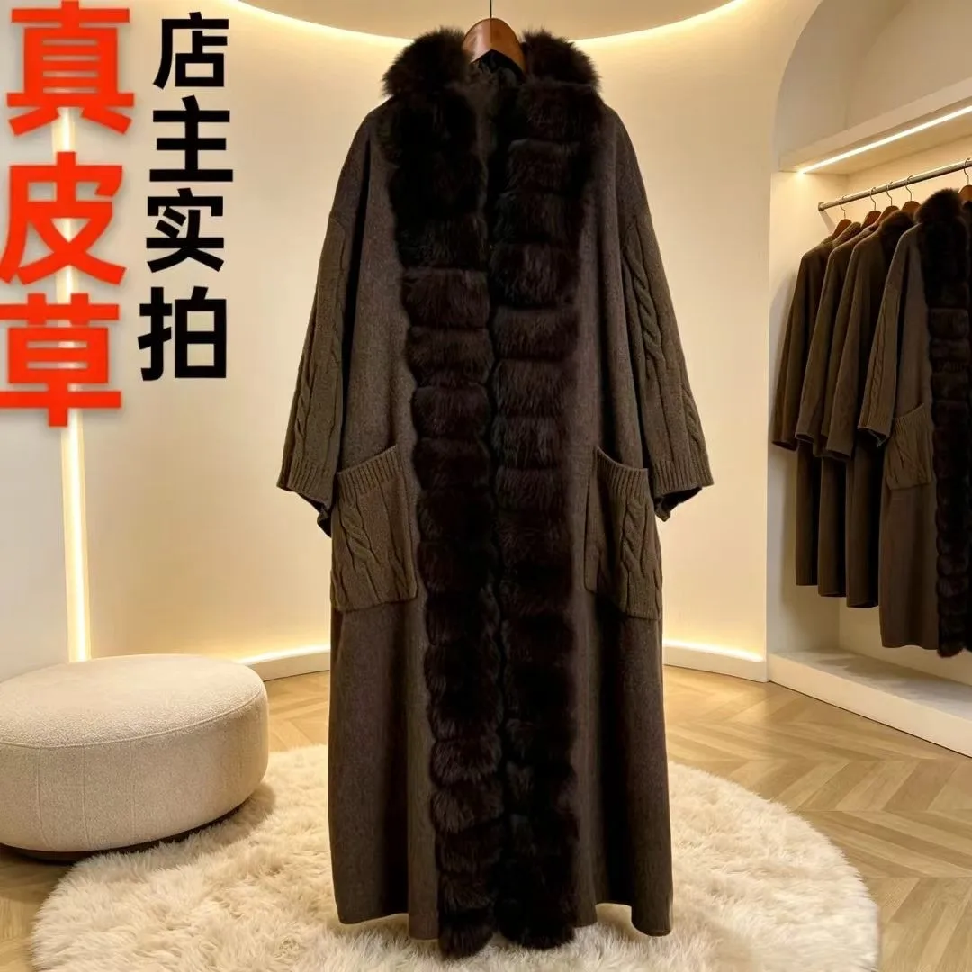 New Luxury Winter Real Natural Fox Fur Collar Woolen Blends Knit Long Overcoats Women Loose Warmth Cashmere Fur Jacket