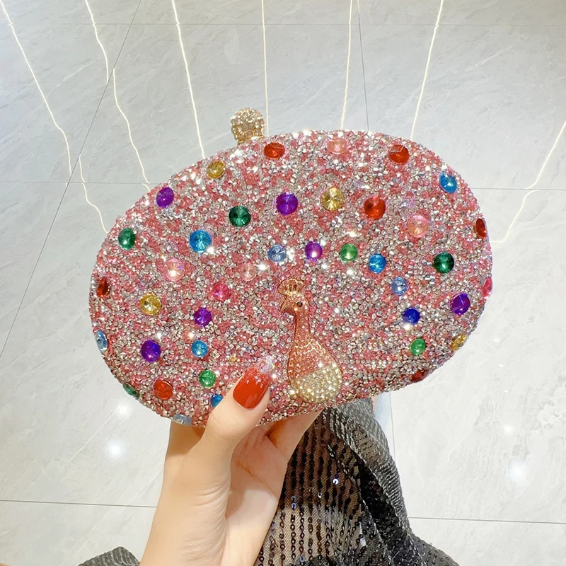 

New Full Diamonds Peacock Evening Bag Exotic Metal Handle Handbag Luxury Color Rhinestone Banquet Dress Wedding Clutch Bag Women
