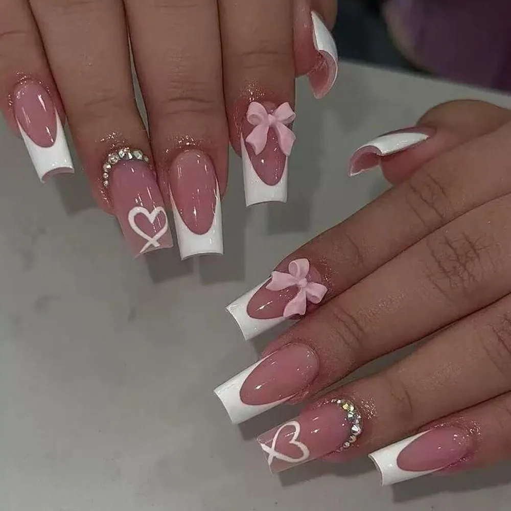 

24Pcs/Box Pink French Tips Press On Nails with 3D Bowknot Rhinestones Medium Square Fake Nail Wearable Handmade False Fingertips