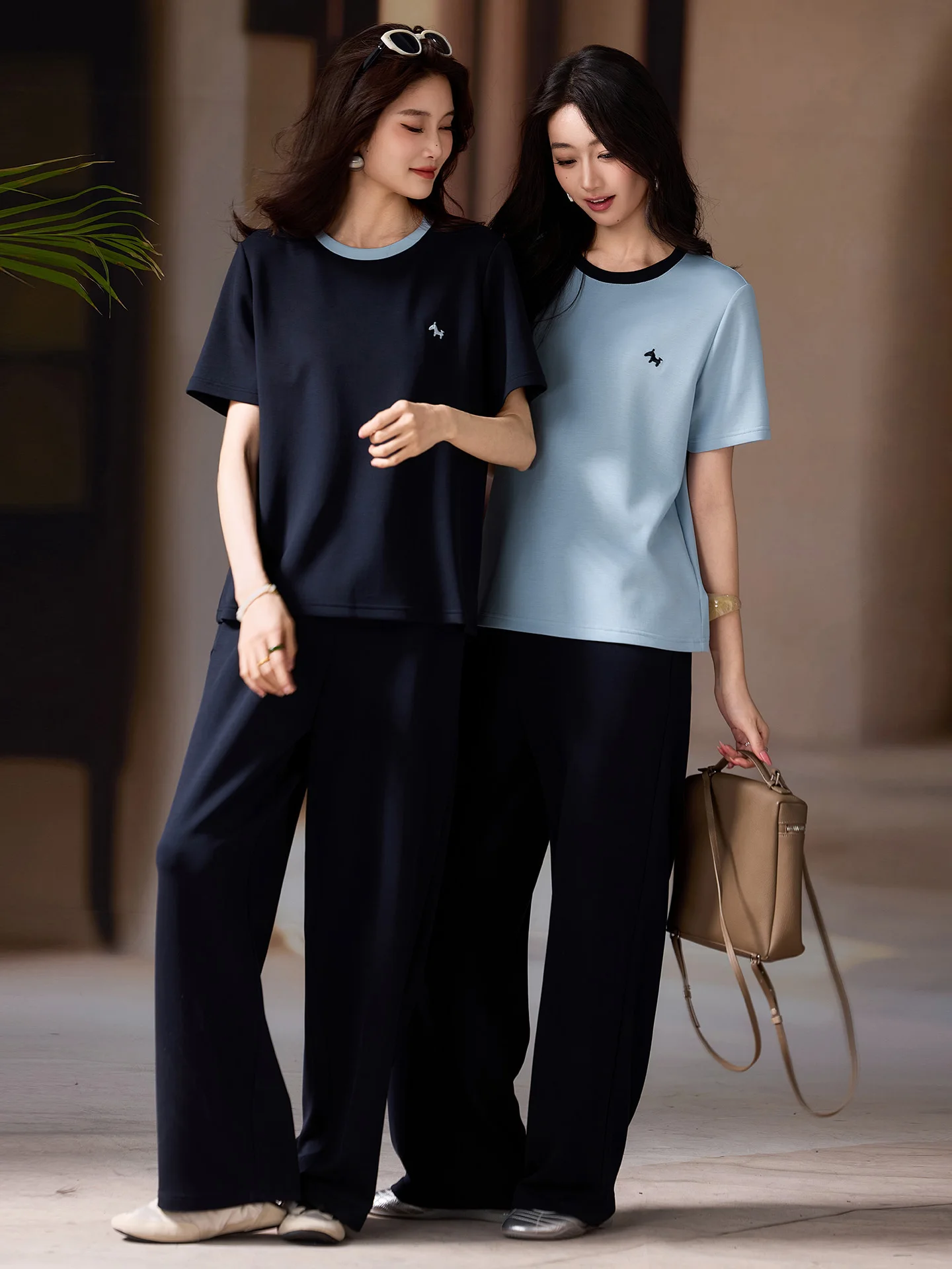 

Embroidered Set Women's plus Size Summer New Street Style Top Pants Two-Piece Set Color Block Cotton Blend Comfortable Fit