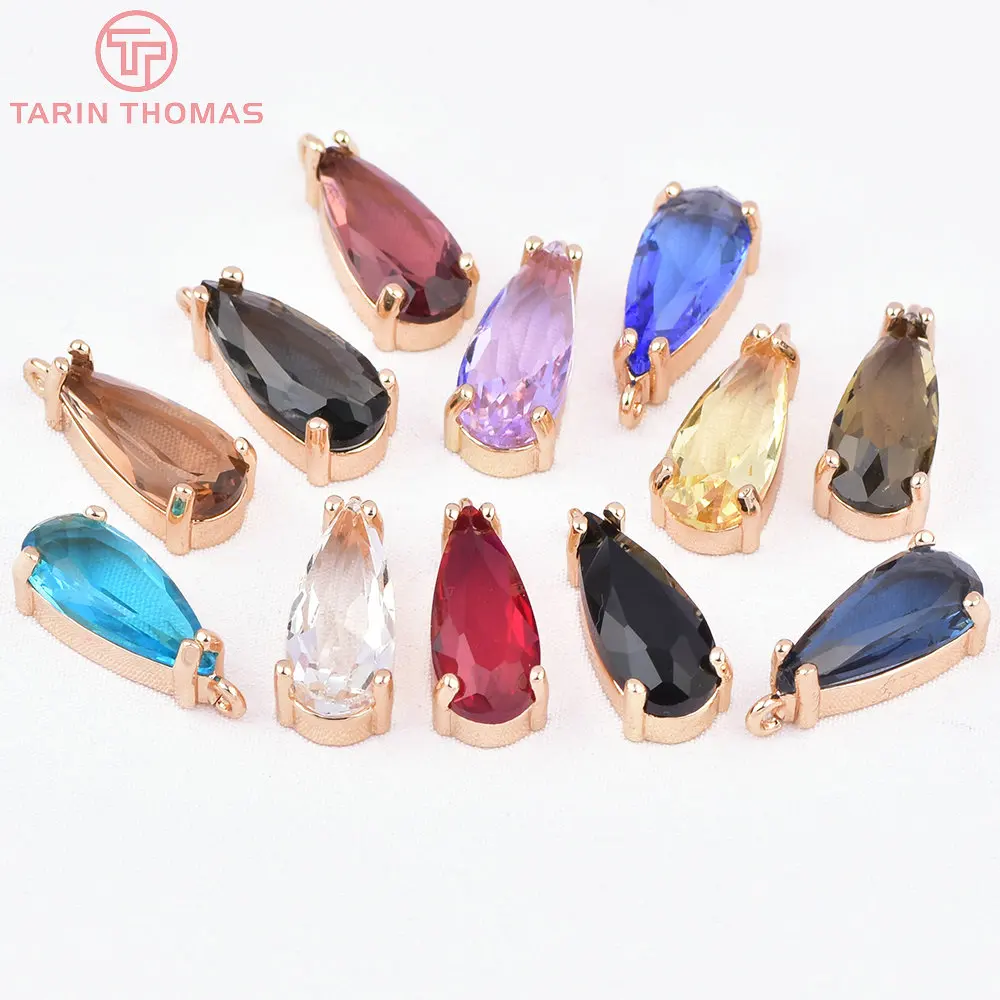 (8371) 6PCS 7.5x18.5MM 24K Gold Color Brass with Glass Water Drop Shaped Pendants High Quality Diy Jewelry Making Findings