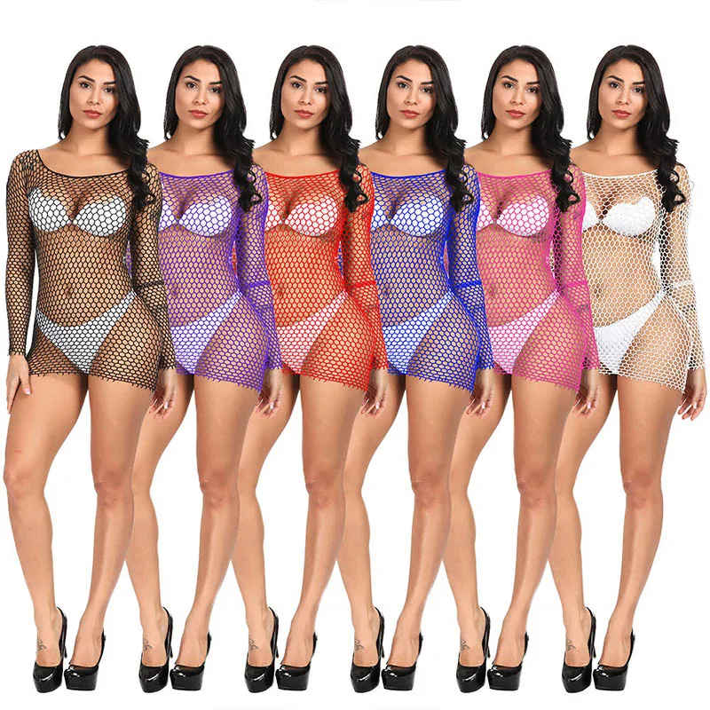 

Women's Sexy Mesh Tight Short Dress Fashion Long Sleeve Fishnet Hip Skirt O-Neck Erotic Hollow Out T-Shirt Nightclub Streetwear