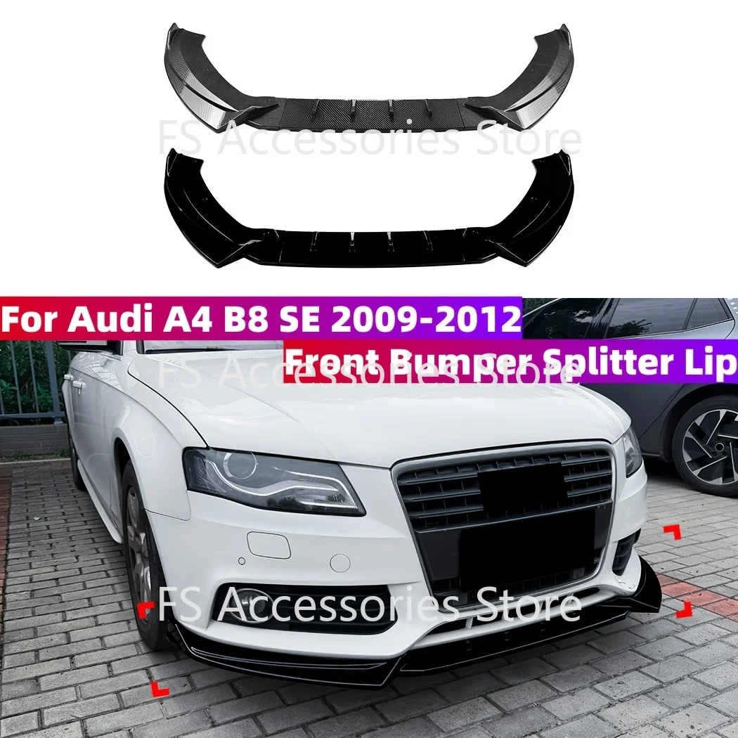 3PCS For Audi A4 B8 SE Standard Model 2009-2012 Car Front Bumper Lip Splitter Spoiler Glossy Black/Carbon Look Body Kits Tuning