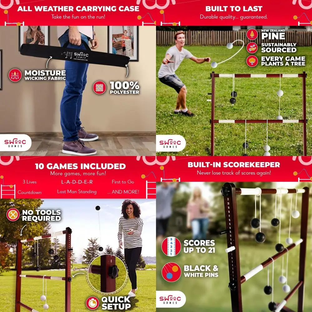 

SWOOC Games® - Premium Wooden Ladder Ball Game Set (Weather Resistant) - 10 Games Included & Carrying Case - Easy, No Tool Assem
