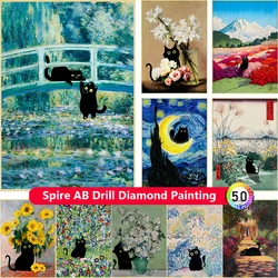 Funny Black Cat AB Drill Diamond Painting Embroidery Monet Van Gogh Gustav Masterpiec Cross Stitch Mosaic Crafts Home Decor Gift