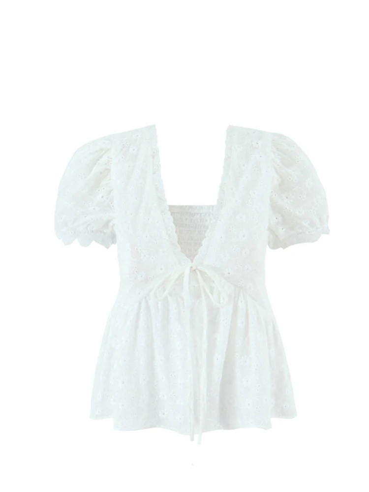 Dolce bambola allentata con finiture in pizzo irt Street Sle V-Ne ricamato con cintura scavata per donne piccole Autunno ort Sve