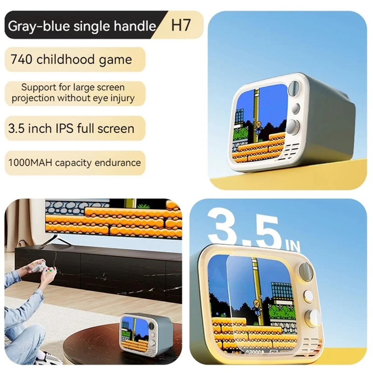 

H7 Retro Nostalgic TV Game Console 3.5Inch Screen 740 Classic Game Nostalgic Home TV Game Controller Dark Gray-ABRJ