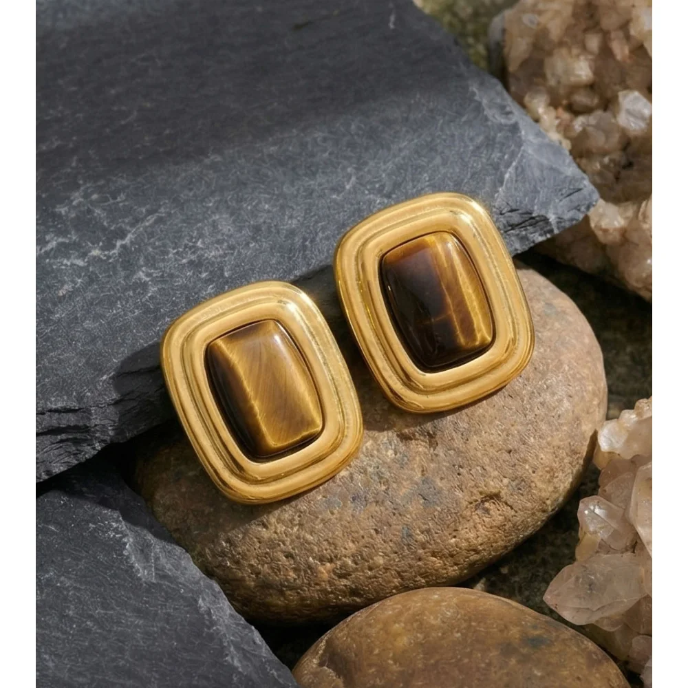 Yhpup Stainless Steel Tiger Stone Square Stud Earrings Waterproof High Quality Temperament Natural Stone Jewelry Cast Technology