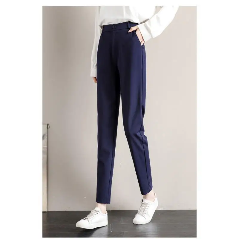 Pantalones de cintura alta con botones y cremallera para mujer, trajes de pantalón de Color sólido, ropa de primavera y otoño, pantalones formales rectos