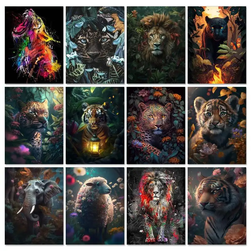 GATYZTORY Frame-pinturas al óleo sobre lienzo de leones, cuadros coloridos modernos de animales, pintura por número para la pared del hogar, arte decorativo